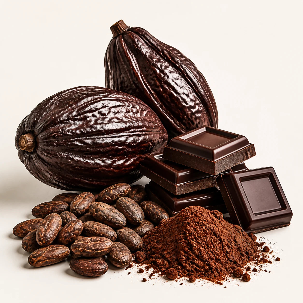 Cocoa pods, cocoa beans and dark chocolate