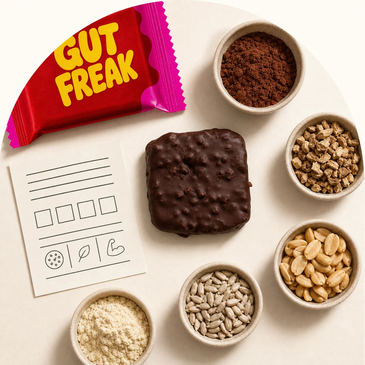Gut Freak chocolate bar and its core ingredients arranged clearly