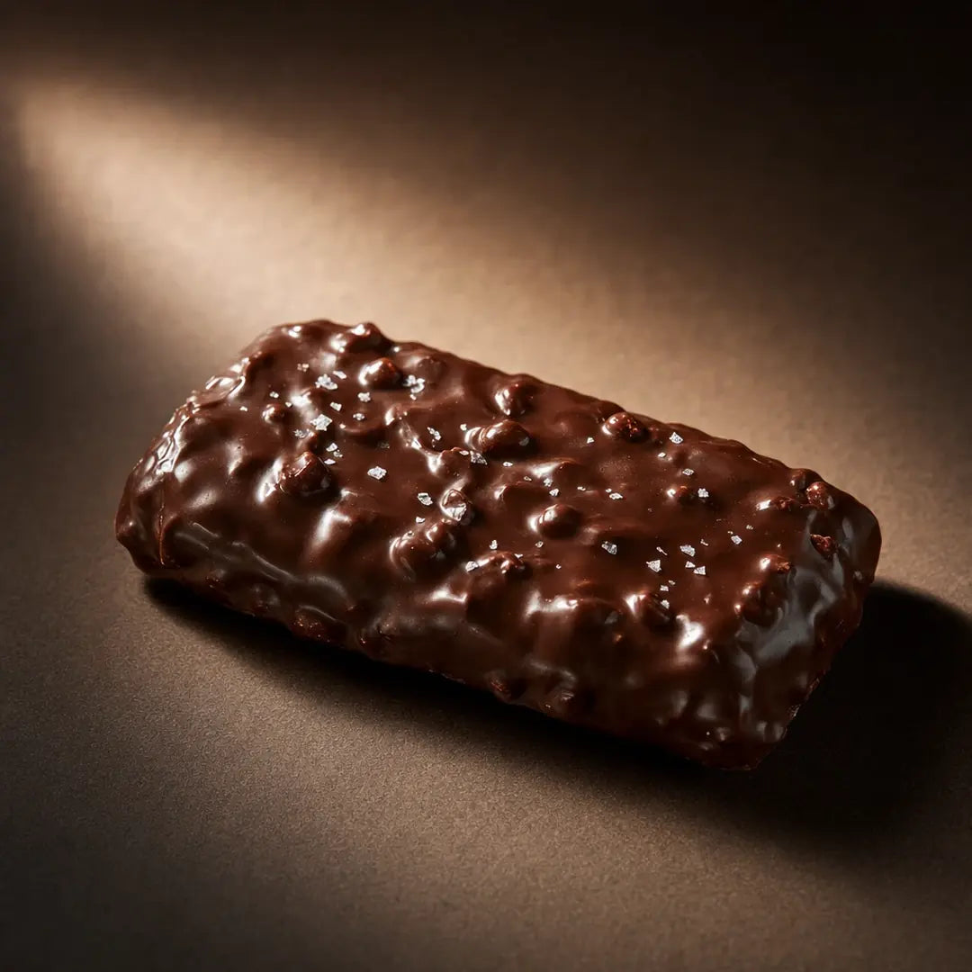 Salty dark-chocolate Gut Freak bar in a warm studio spotlight