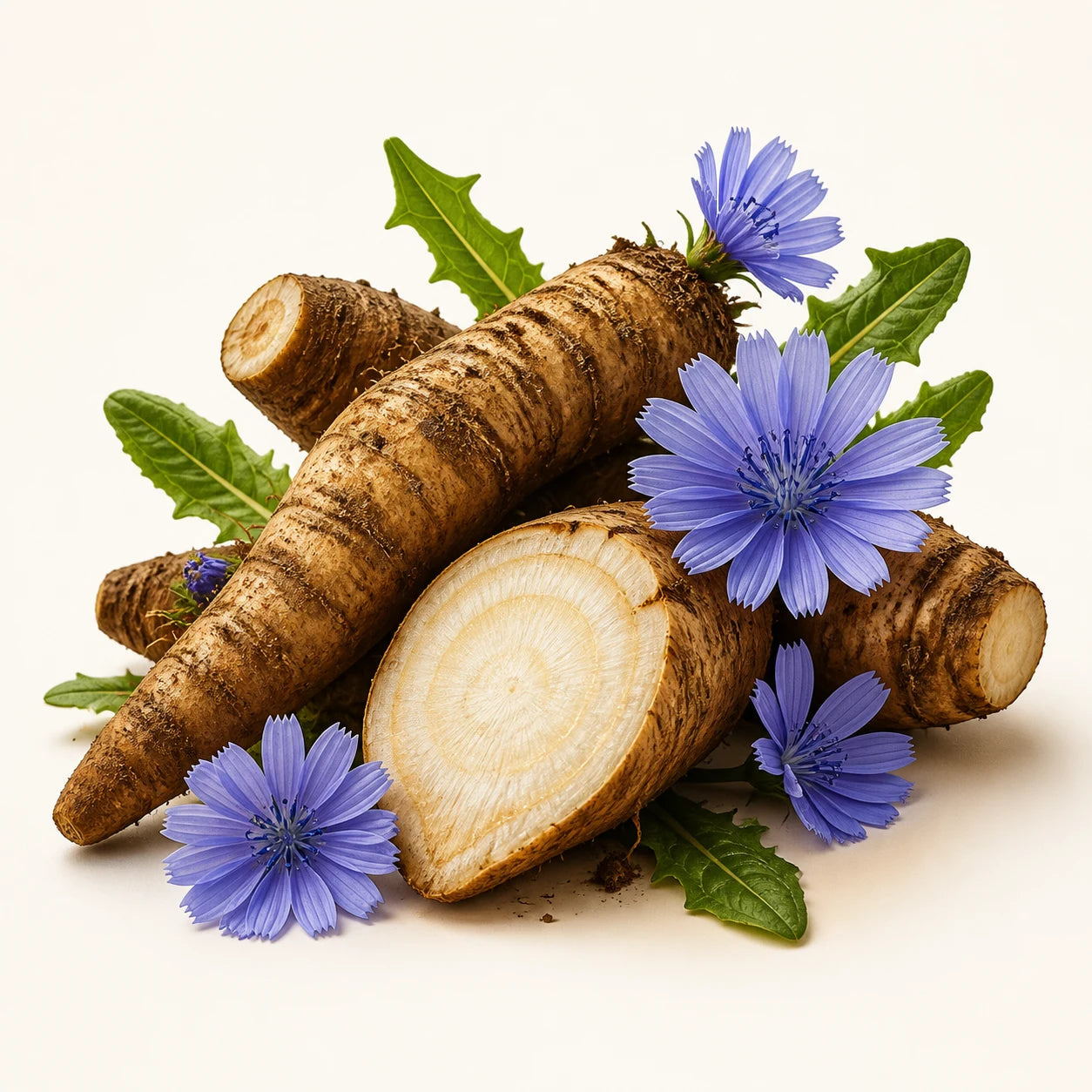Fresh chicory root and chicory flowers
