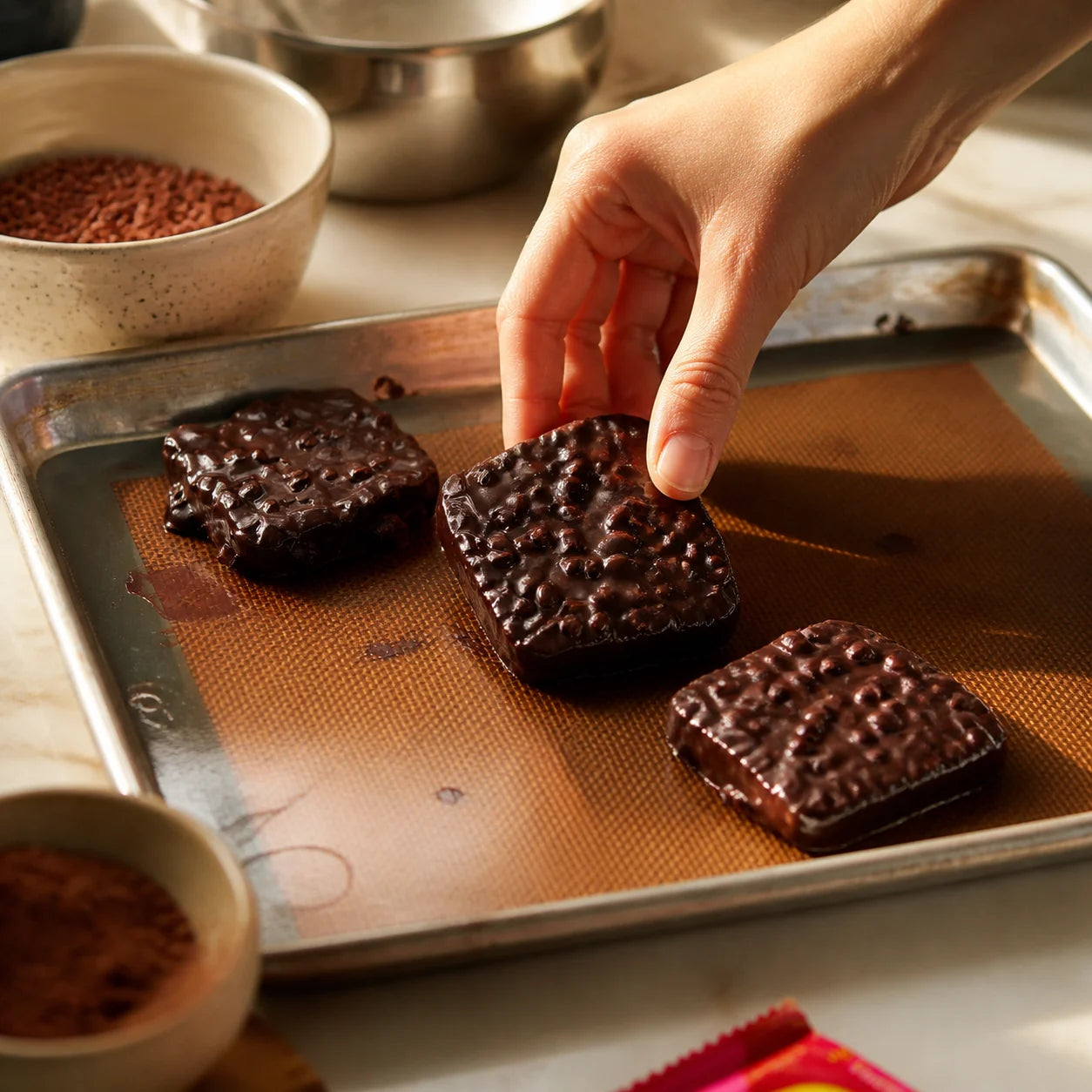 Compact square Gut Freak chocolate bars being developed in a test kitchen