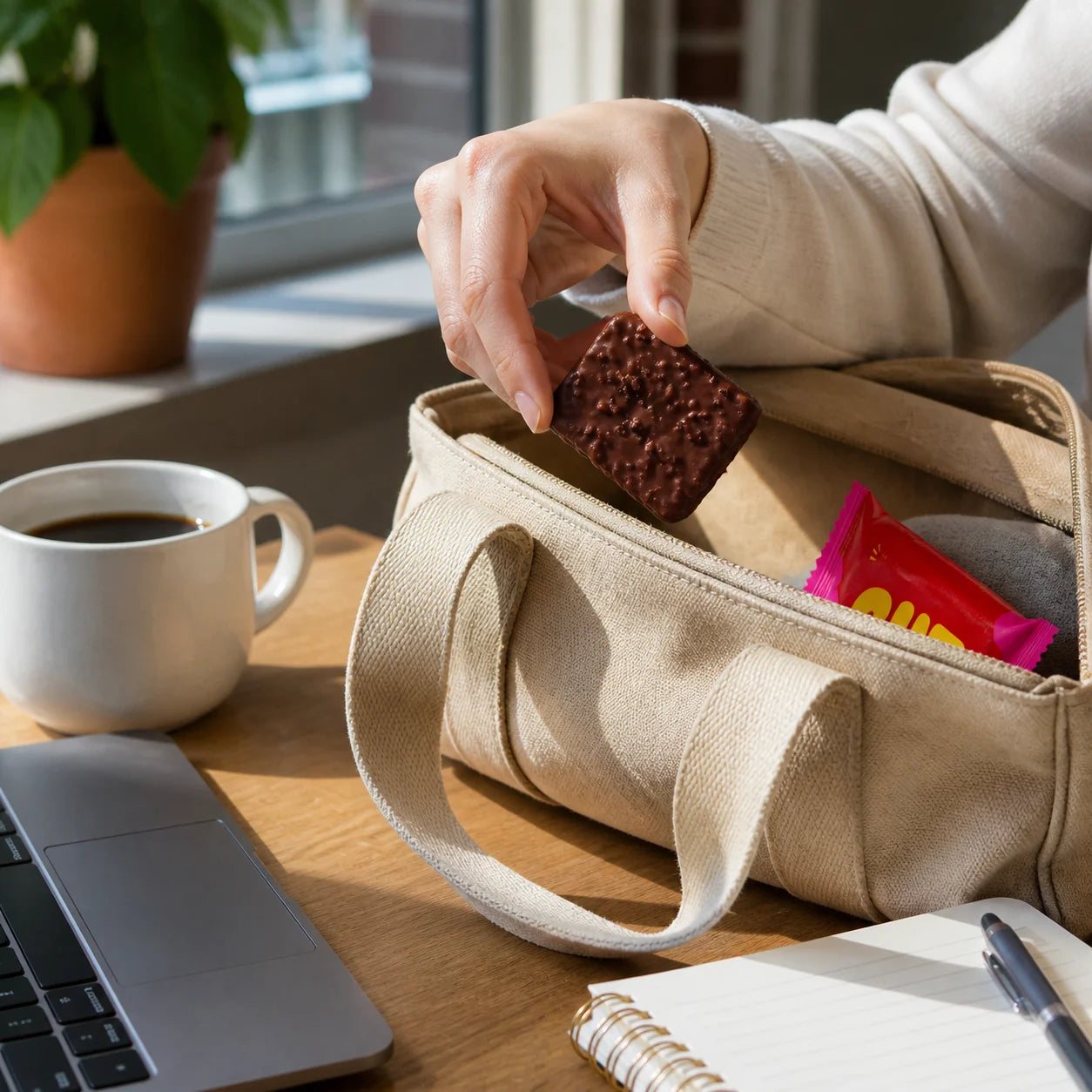 A compact square Gut Freak chocolate bar ready for a busy daily routine